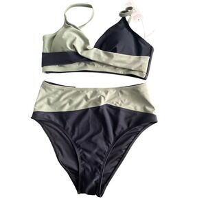 Cupshe Women Sage Green Black Colorblock High Waisted Bikini Set Size Medium